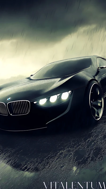 Storm-lit black sports car slicing through night rain.