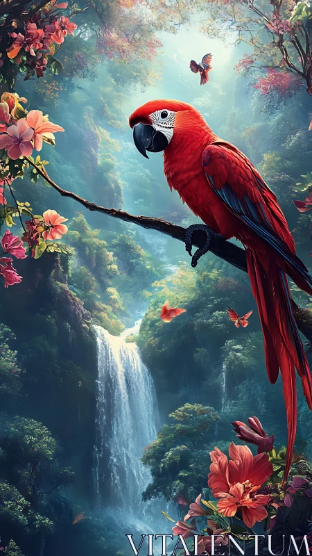 Scarlet macaw on branch framed by waterfall and diffuse mist