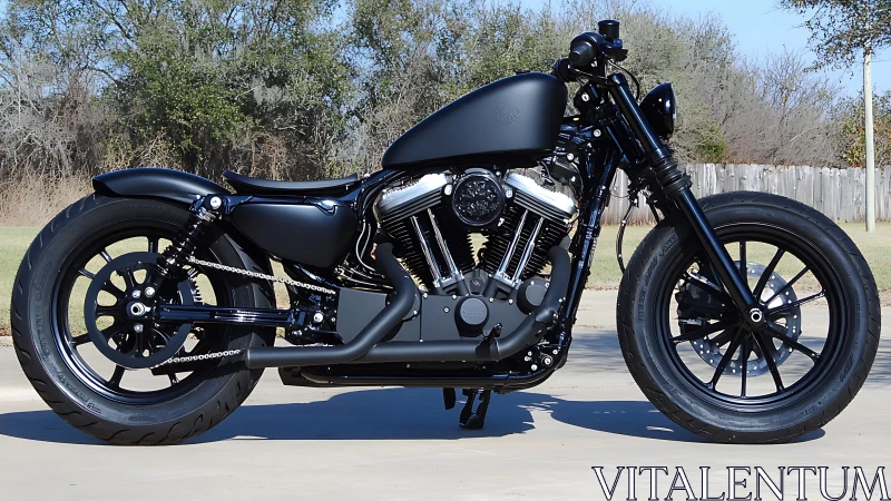 Matte black custom bobber motorcycle with low-slung stance.