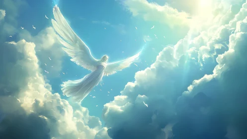 Luminous seraphic ascent through volumetric celestial clouds.