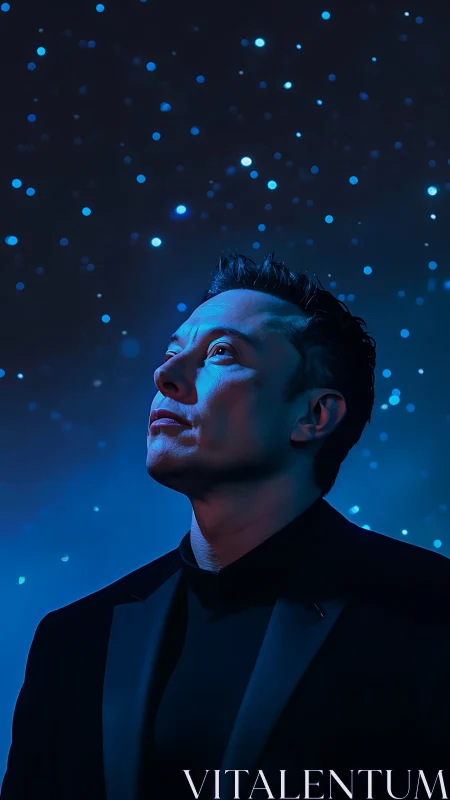 Contemplative male portrait under starry cyan night sky