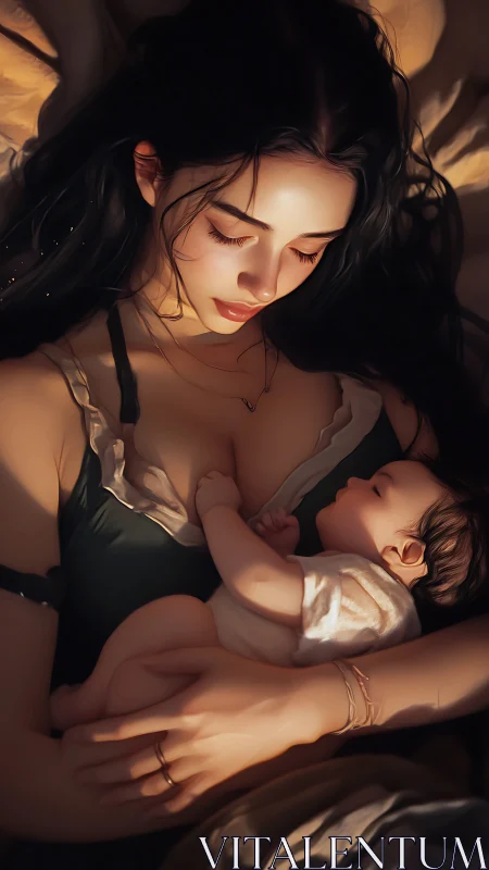 Soft chiaroscuro portrait of mother nursing sleeping infant