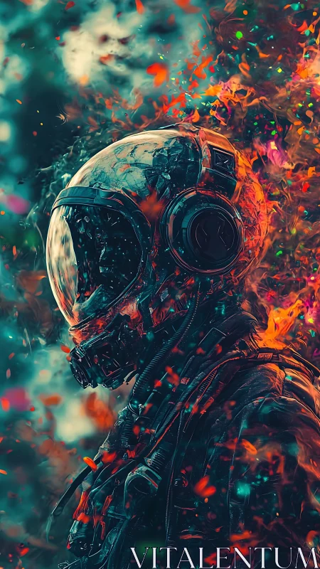 Armored astronaut profile dissolves into incendiary nebula