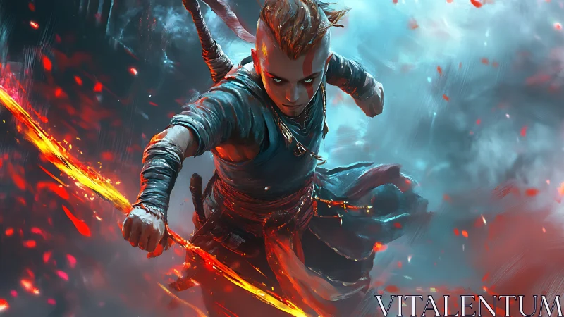 Fiery young warrior cutting through storm and embers.