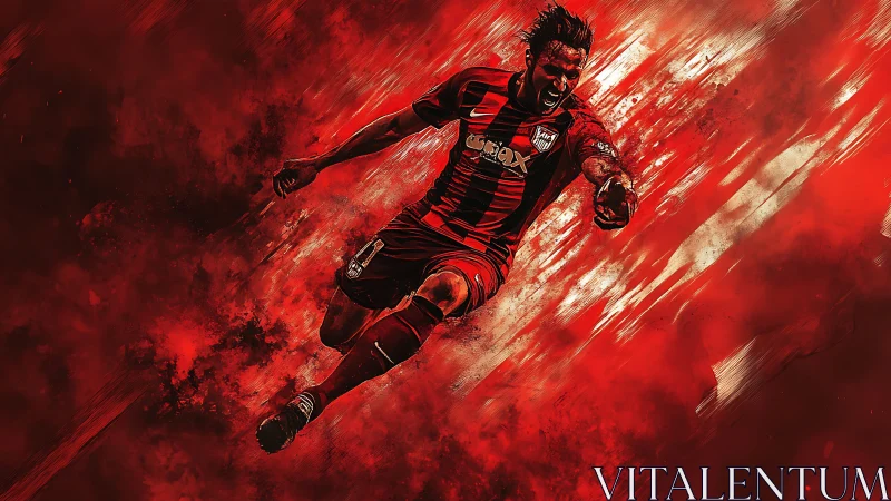 Explosive red soccer charge amid abstract motion streaks.
