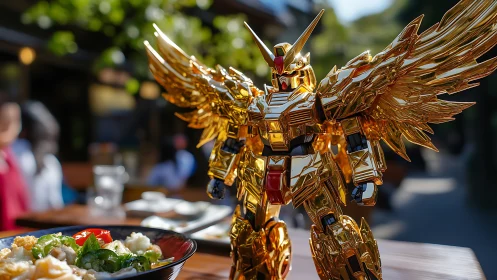 Golden winged mecha guardian patrolling a sunny lunch table.