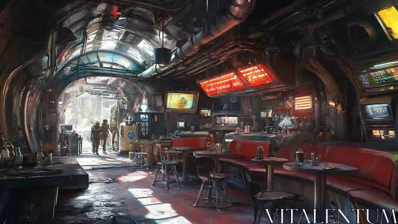 Neon-soaked starport diner hums beneath rusted arches.