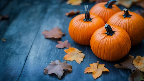 Symmetrical orange pumpkins arranged on textured blue wooden surface
