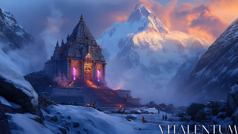 Glowing mountain temple sanctuary in a peaceful snowy valley.