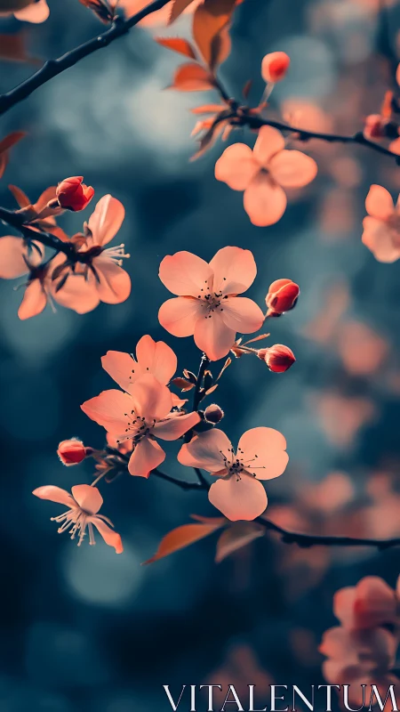 Coral blossoms ignite through twilight mist and shadow