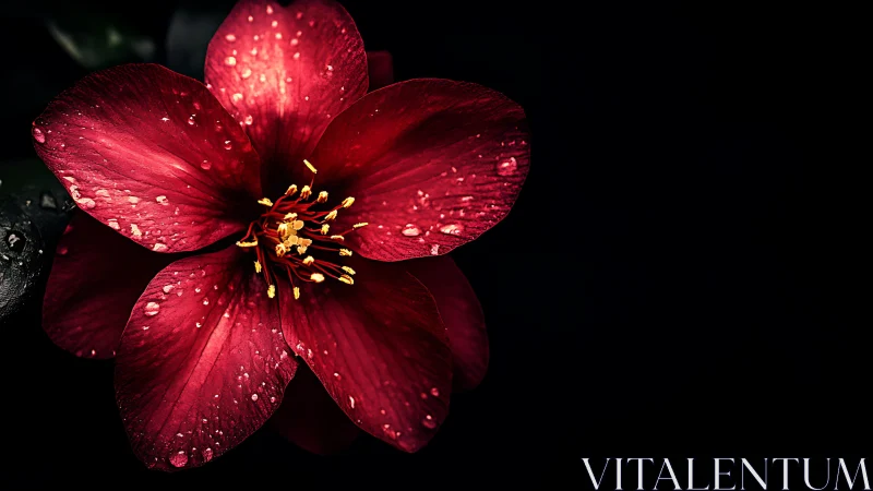 Crimson petals with dewdrops against darkness.