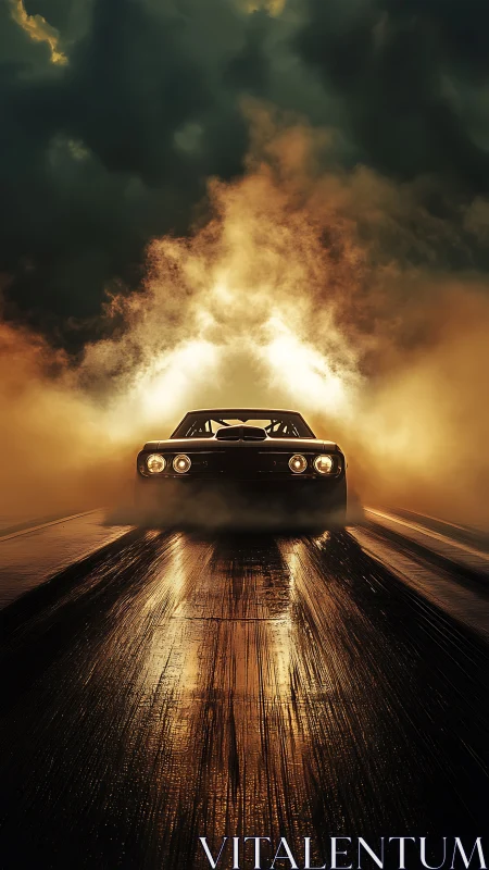 Muscle car charges through firelit storm on slick asphalt.