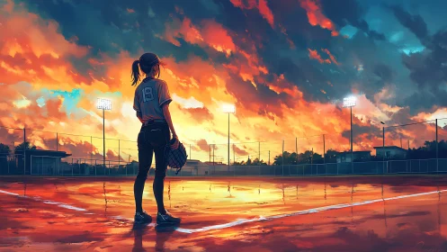Softball player stands on wet field under intense sunset sky