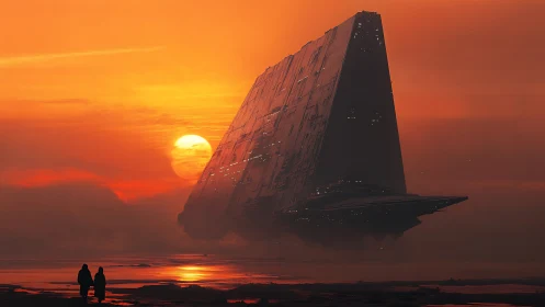 Colossal wedge starship hovering over misted shoreline at dusk