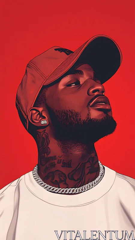 Digital portrait of tattooed man in cap on red ground.