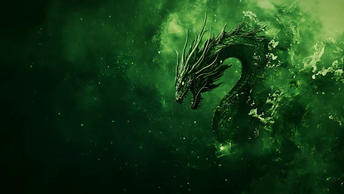 Emerald serpentine dragon erupts from swirling cosmic mist