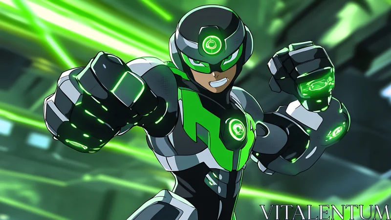 Armored space hero raises glowing fists in green-lit hangar