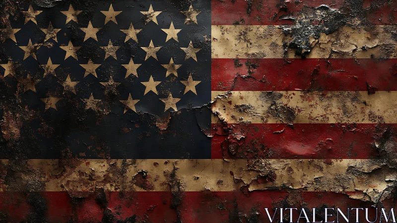 Weathered American flag surface shows heavy rust and decay