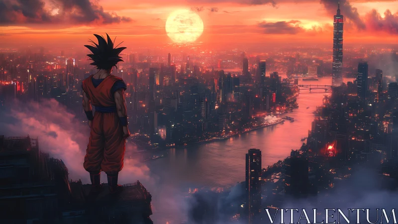 Saiyan warrior overlooks neon river city at burning sunset.