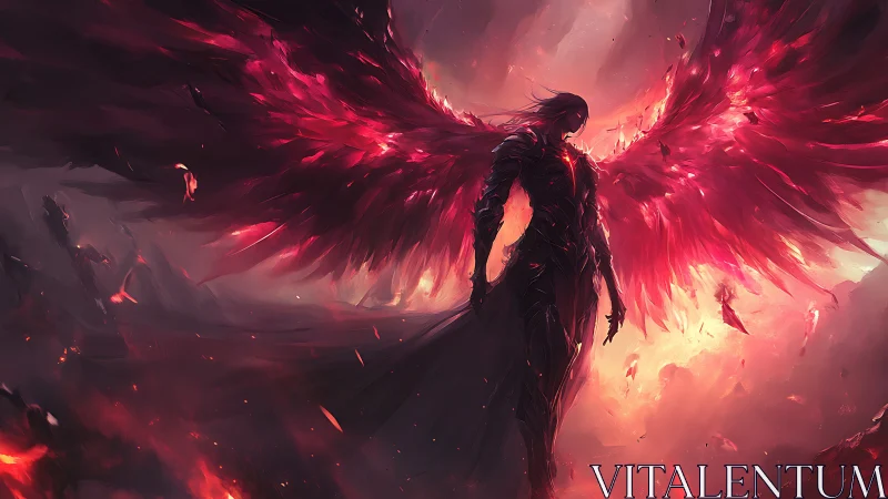 Armored winged figure stands in fiery red glowing sky