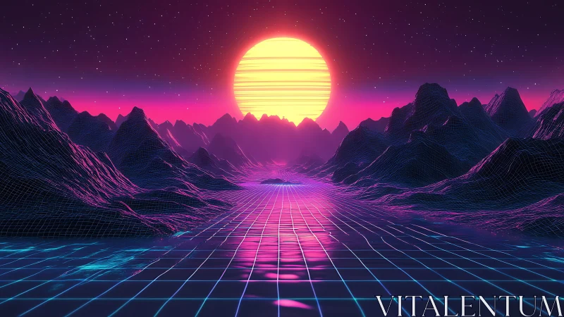 Neon wireframe mountains under retrofuturistic grid sunset.