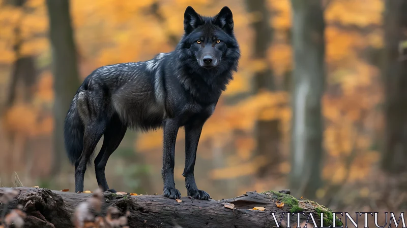 Photorealistic black wolf study on autumn forest log plane.