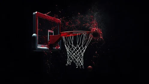 3D sports render of dynamic basketball hoop impact scene.