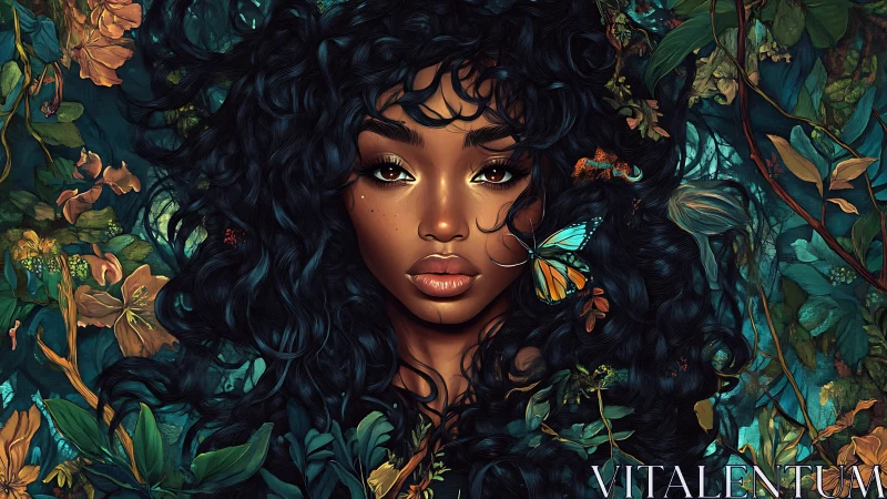 Mystical forest muse framed by lush teal foliage and curls