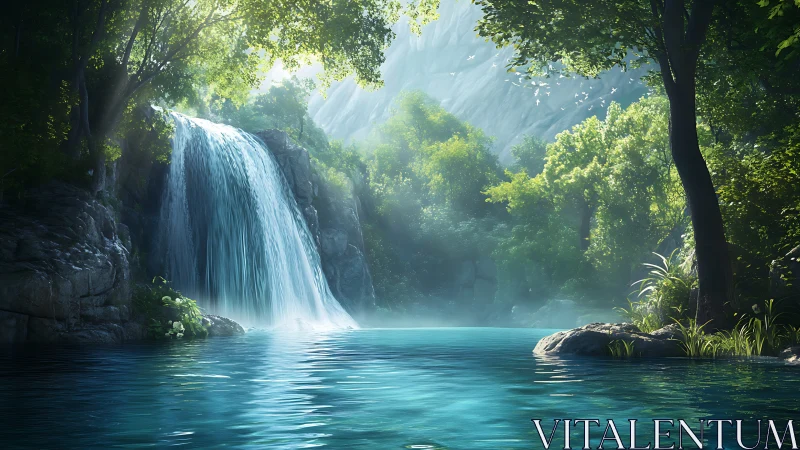 Radiant forest waterfall basin with volumetric light rendering.