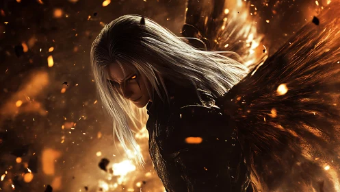 Silver haired winged figure stands amid glowing embers