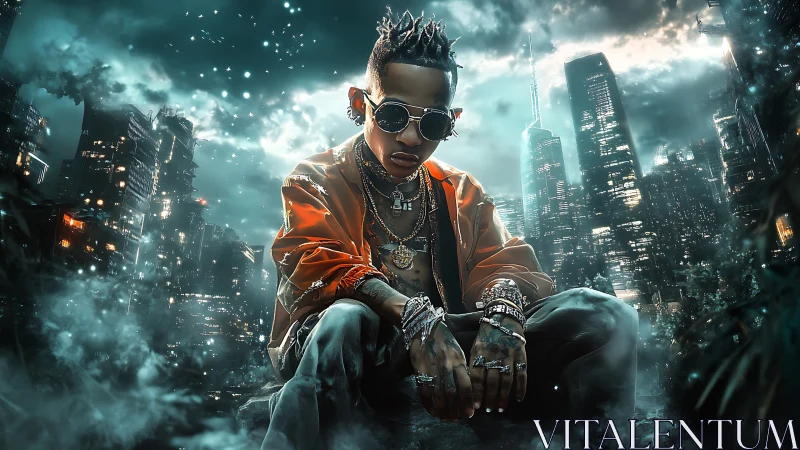 Neon throne kid glows against storm-lit cyber metropolis.