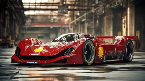 Red endurance race car sits in industrial warehouse light