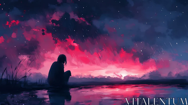 Silhouetted figure by reflective water under red twilight sky.