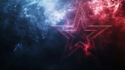 Neon star outline amid red and blue swirling smoke field.
