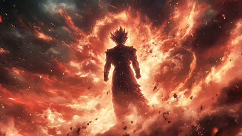 Backlit energy warrior in turbulent plasma vortex field.