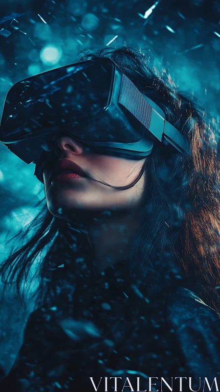 Woman immersed in virtual reality headset, blue light storm.