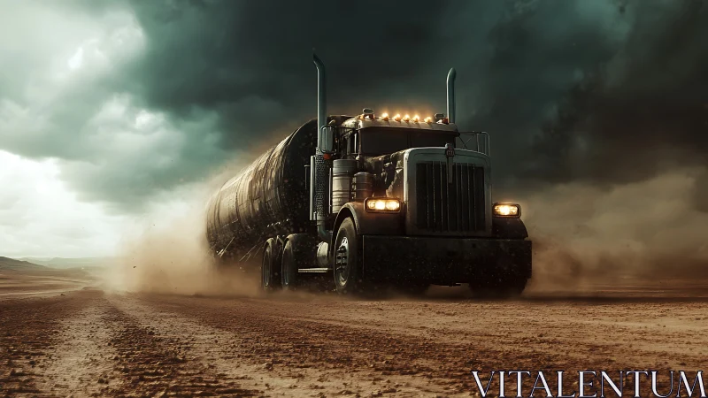 Tanker truck traveling across dusty open terrain under clouds.