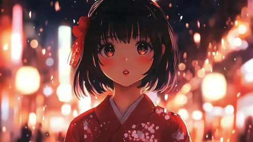 Anime girl in red kimono illuminated by cinematic bokeh lights