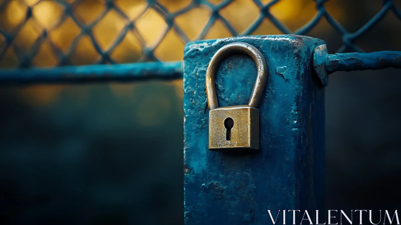 Rustic brass padlock secures weathered blue metal gate at dusk