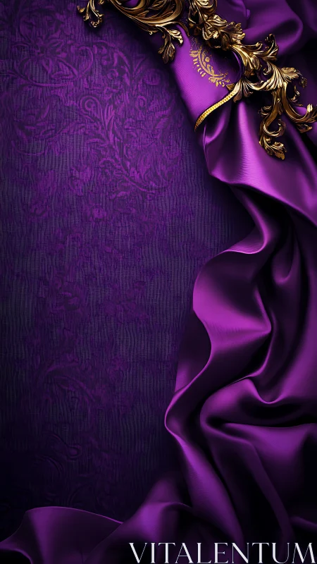 Purple damask background with gold scrollwork and fabric border.