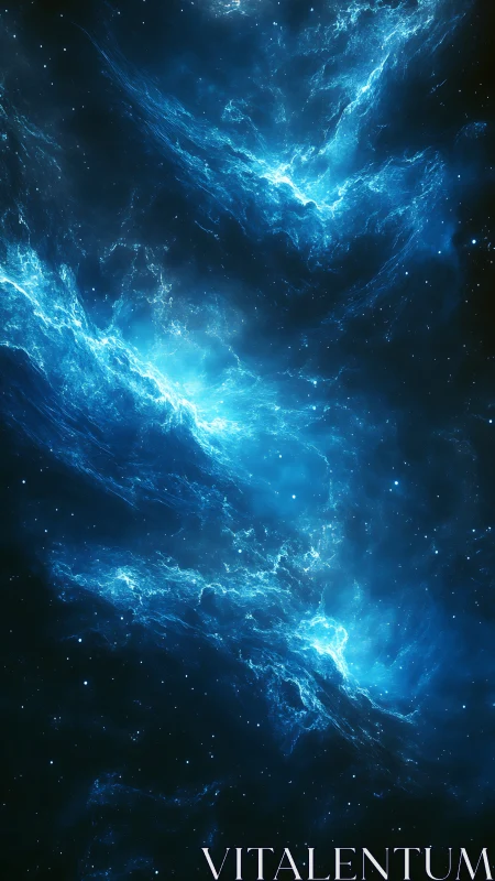 Shimmering blue nebula flows gently through a quiet night sky