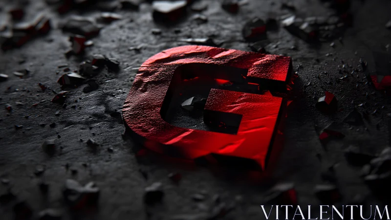 Bold red 3D letter G on shattered dark textured surface.
