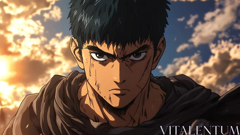 Battle-worn anime warrior rendered in dramatic sunset close-up