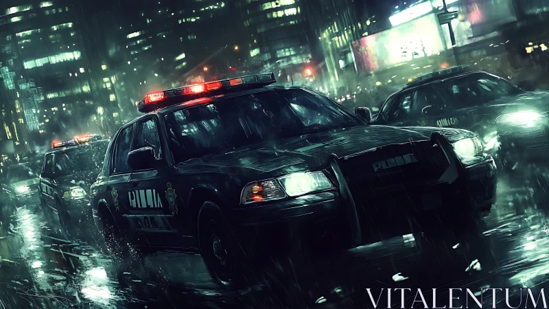 Police cruisers race through rain slick neon city streets