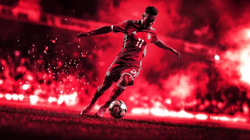 Dynamic red-lit soccer striker charging with ball at pace.