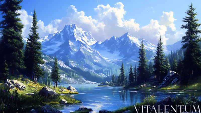 Sunlit alpine lake cradled by bright snow-tipped peaks.