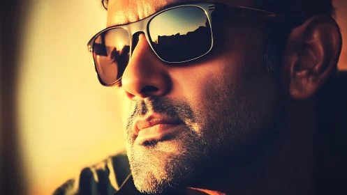 Golden-hour gaze behind mirrored urban sunglasses.