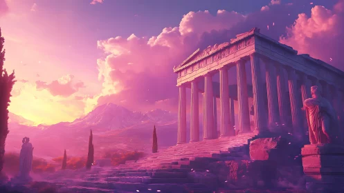 Temple ruins in ethereal pink sunset over mountains.