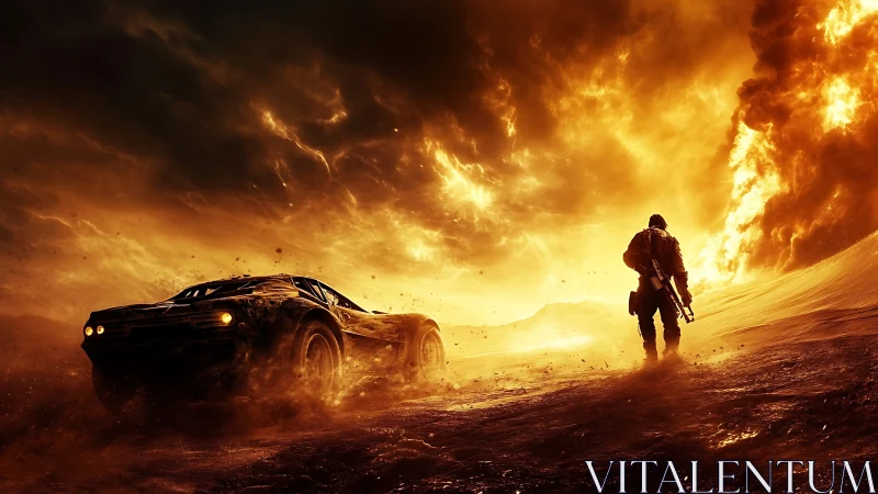 Lone road warrior strides toward the burning storm horizon