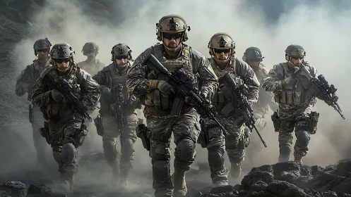 Dust-charged tactical squad surges forward through chaos.